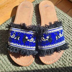 Beaded Fringe Slide Sandals - Black and Blue